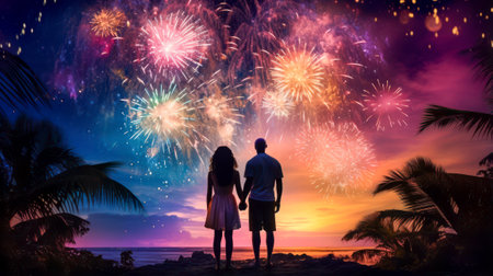 Fireworks lighting up the evening sky over the sea with a couple, man and woman silhouette, hands raised. Copy spaceの素材
