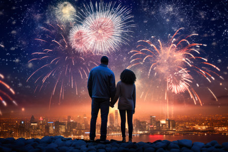 Fireworks light up the evening cityscape with a couple silhouette, man and woman. Copy space.の素材