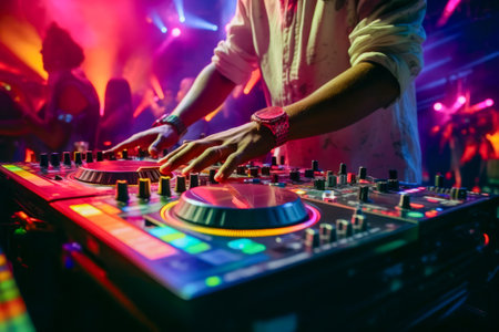 Close-up of DJ's hand spinning turntable, vibrant neon lights illuminating lively electronic music party scene.の素材