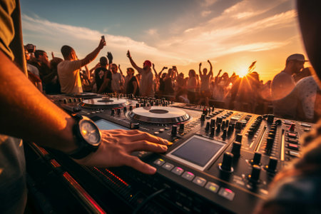 DJ hands close-up spinning records at sunset during an outdoor vacation holiday open air electronic music event.の素材