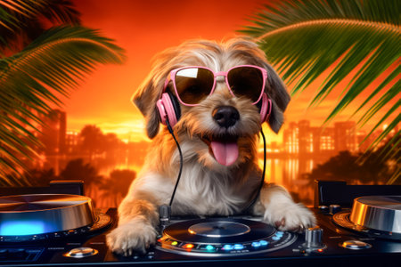 Cool dog DJ with sunglasses spins tunes on turntable, palm trees and neon lights backgroundの素材