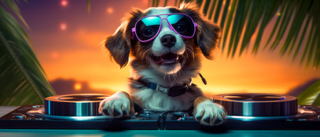 Cool dog DJ with sunglasses spins tunes on turntable, palm trees and neon lights backgroundの素材