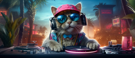 cool cute cat DJ with sunglasses mixing music on a turntable console, set against palm trees backdrop. Copy Spaceの素材