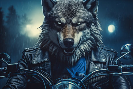 Cool biker wolf riding motorcycle. Hard rock dark fantasy character illustration.の素材
