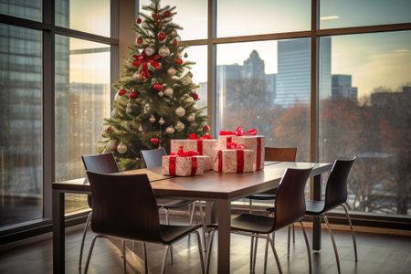 Christmas-decorated office meeting room with presents on the table, and a festive tree by the windowの素材