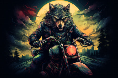 Cool biker wolf riding motorcycle. Hard rock dark fantasy character illustration.の素材
