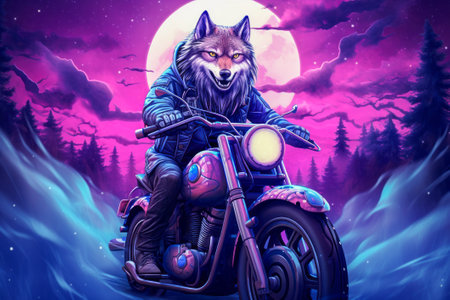 Cool biker wolf riding motorcycle. Hard rock dark fantasy character illustration.の素材