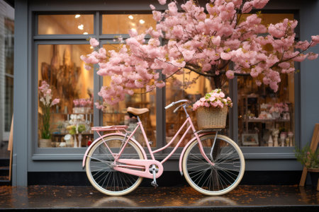 Springtime in the city, a bicycle with a flower basket parked by a cozy modern cafe during a gentle rain.の素材