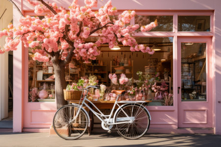 Bicycle with a flower basket parked by a coffee shop, with a pink blooming tree in springの素材
