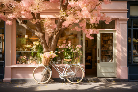 Bicycle with a flower basket parked by a coffee shop, with a pink blooming tree in springの素材