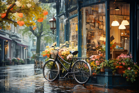 Springtime in the city, a bicycle with a flower basket parked by a cozy modern cafe during a gentle rain.の素材