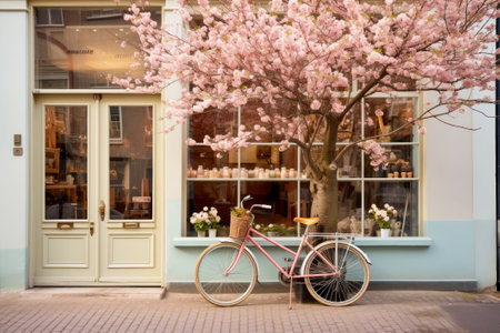 Bicycle with a flower basket parked by a coffee shop, with a pink blooming tree in springの素材