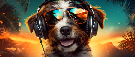 cool cute dog DJ in sunglasses listening music with headphones in vibrant exotic tropical setting. Vacation holiday party vibe musicの素材