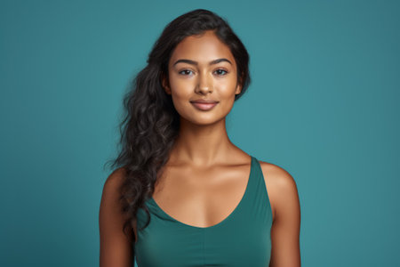 Joyful Inuit young woman posing against a blue backdrop.の素材
