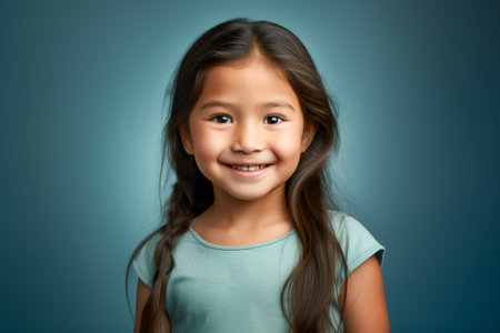Joyful young Inuit girl smiling, posing against a blue background in casual clothes.の素材