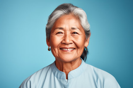 Smiling elder Inuit woman in casual wear, posing against a blue studio backgroundの素材