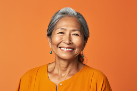 Smiling elder Inuit woman in casual wear, posing against a blue studio backgroundの素材