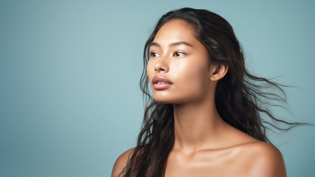 beautiful joyful diverse Asian woman happy after cosmetology procedures, posing on blue studio background.の素材