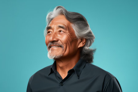 Joyful senior Inuit man posing on a vivid blue background, promoting diversity and inclusivityの素材