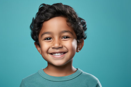 Joyful young Inuit boy smiling, posing in casual attire on a vibrant blue studio backgroundの素材