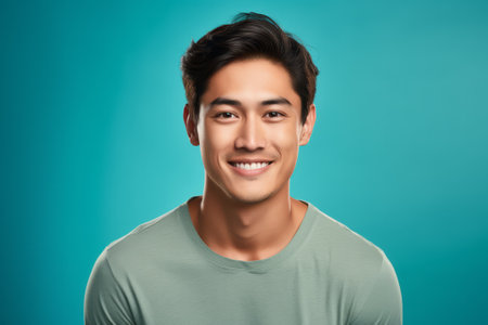 Joyful young Inuit man smiling warmly, posing against a blue studio background, embodying diversity and inclusivity.の素材