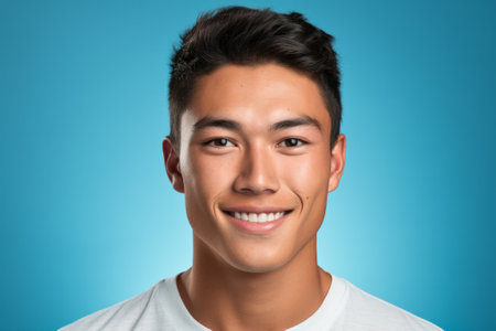 Joyful young Inuit man smiling warmly, posing against a blue studio background, embodying diversity and inclusivity.の素材