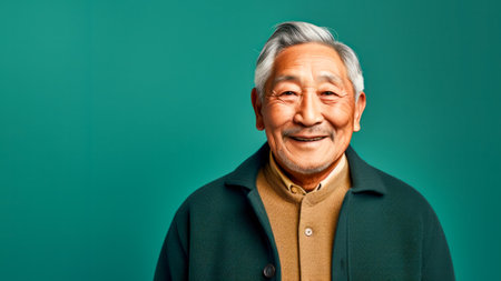 Joyful senior Inuit man posing on a vivid blue background, promoting diversity and inclusivityの素材