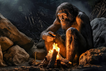 Homo Erectus cave man sitting near the fire in the cave. Artistic generative AI representation of human evolution ancestor, not a scientific reconstructionの素材