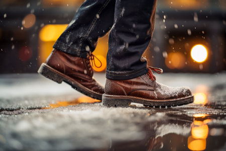 Close-up of a man's shoes walking in snowy street, side view. Bad winter weather.の素材