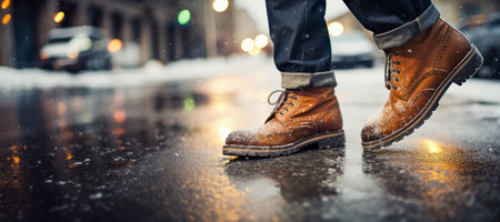 Close-up of a man's shoes walking in snowy street, side view. Bad winter weather.の素材