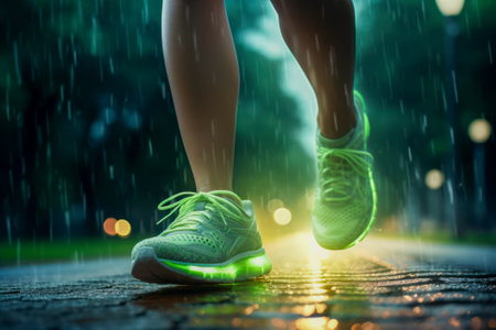 Close-up of green running shoes splashing water on a wet pavement during morning jog in summer park. Healthy lifestyleの素材