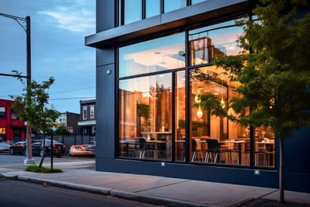 Modern urban cafe exterior during twilight with interior lights glowing, cars on streetの素材