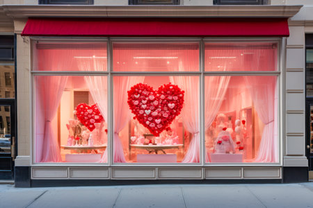 Elegant building facade decorated with illuminated red heart balloons and ornaments for Valentine's Day.の素材
