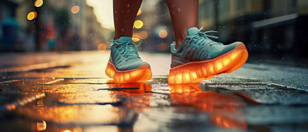 Glowing sneakers stepping on a rainy urban street, creating reflections of city bokehの素材