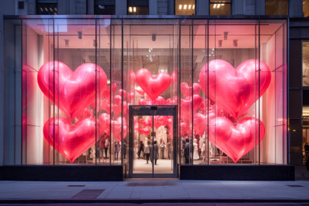 Modern storefront adorned with large red heart decorations for Valentine's Day.の素材