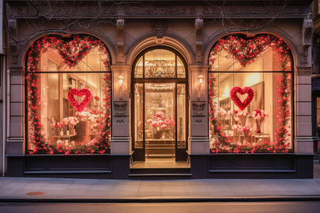 Elegant building facade decorated with illuminated red heart balloons and ornaments for Valentine's Day.の素材