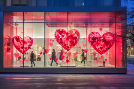 Modern storefront adorned with large red heart decorations for Valentine's Day.の素材