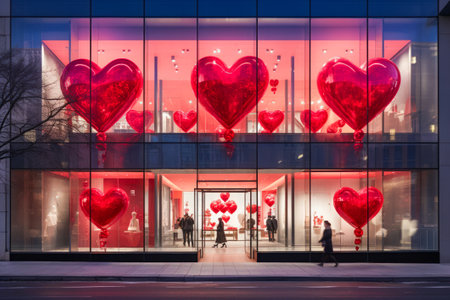 Modern storefront adorned with large red heart decorations for Valentine's Day.の素材