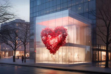 Urban store glass facade storefront decorated with heart designs, for Valentine's Day.の素材