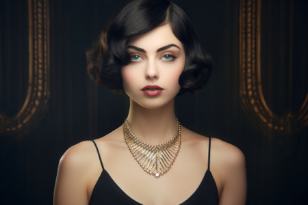 Elegant woman in Roaring Twenties fashion with a sleek bob hairstyle, dressed in a black evening gown against a minimalistic art deco backdropの素材