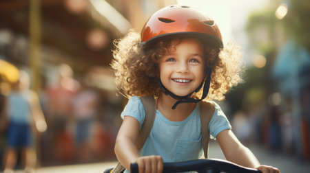 a joyful and adorable young girl with lush curly hair, riding her push scooter in a sunny city park alley, safely wearing her helmet. High quality photoの素材