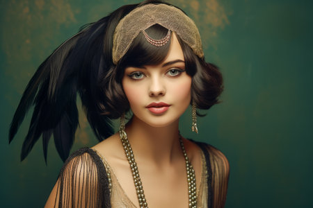 Sophisticated woman epitomizing the iconic Roaring Twenties aura, showcasing a distinct castle bob hairstyle and elegantly wearing an evening dress adorned with feathers, set against a minimalist art deco backdrop.の素材