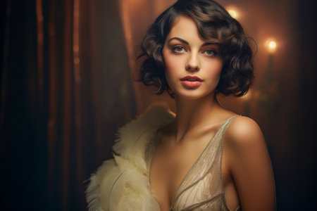 Sophisticated woman epitomizing the iconic Roaring Twenties aura, showcasing a distinct castle bob hairstyle and elegantly wearing an evening dress adorned with feathers, set against a minimalist art deco backdrop.の素材