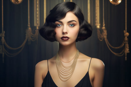 Elegant woman in Roaring Twenties fashion with a sleek bob hairstyle, dressed in a black evening gown against a minimalistic art deco backdropの素材
