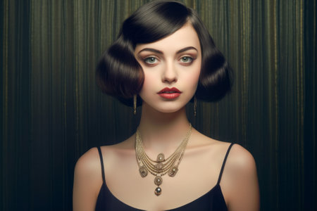 Elegant woman in Roaring Twenties fashion with a sleek bob hairstyle, dressed in a black evening gown against a minimalistic art deco backdropの素材