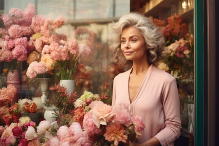 Attractive mature florist proudly stands with a bouquet next to her luxury floral shop's storefront, showcasing her small business entrepreneur spirit with a large window in the foreground.の素材