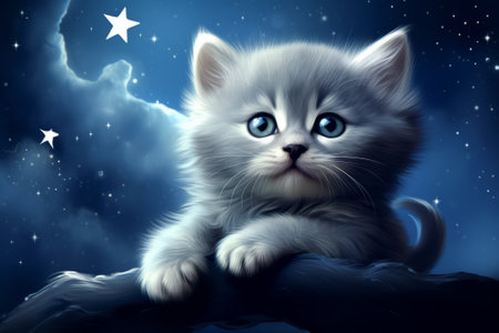 Adorable baby kitten slumbering on a cushiony cloud, with stars sprinkling the tranquil blue sky. Children book illustration.の素材