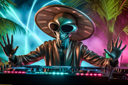 A DJ dressed as a gray alien energetically plays trance and techno tunes at a vibrant party, in neon lights and spotlights. Palm trees on background. Hot tropical, vacation nightlifeの素材