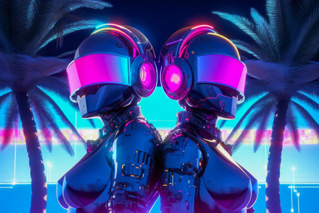 Beautiful female dancers wearing glowing robot helmets enjoy a vibrant dance party. Neon lights illuminate the scene with palm trees on background.の素材