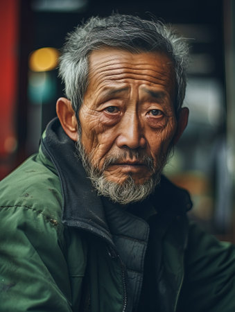 Senior Adult Asian man appears lost and confused on a bustling street, overlooked by an indifferent crowd. The scene hints at Alzheimer's, other mental disorders, underscoring societal neglect of the agedの素材
